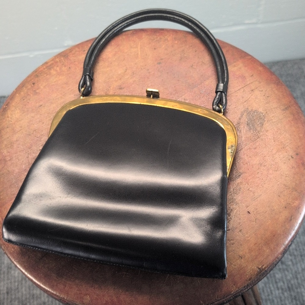 Vintage Small Black Top Handle Frame Handbag Clasp Closure Gold Tone Hardware